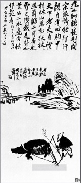 Qi Baishi plowing in the rain old Chinese Oil Paintings